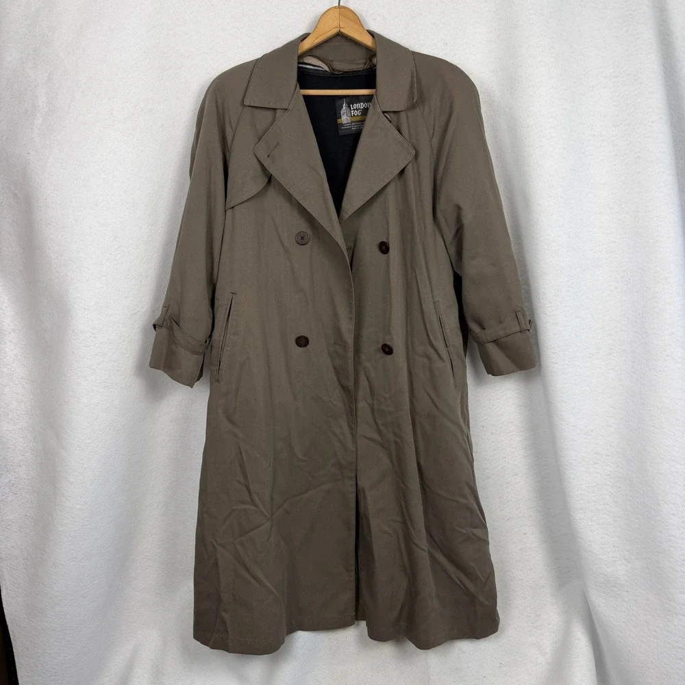 London Fog Trench Coat Womens 8 Petite Double Breasted Belted Olive Green